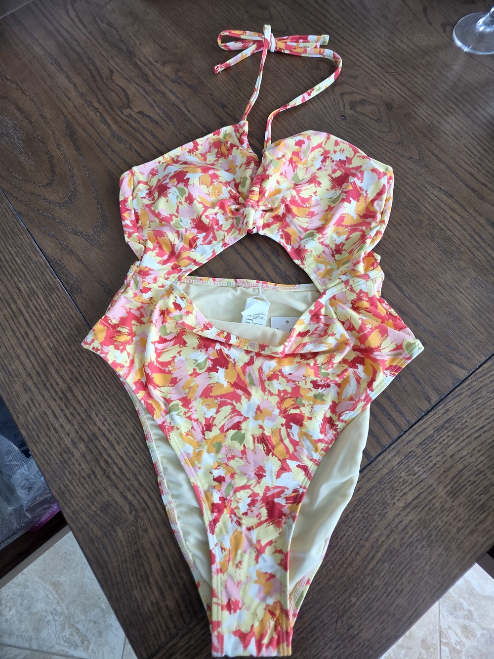 Cupshe Floral Cutout One-Piece Swimsuit - Yellow, Coral, Pink